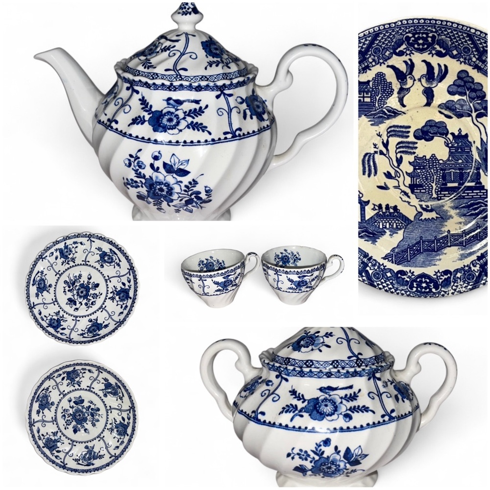 7 PIECE VINTAGE JOHNSON BROS (and Japan made plate) TEAPOT SET